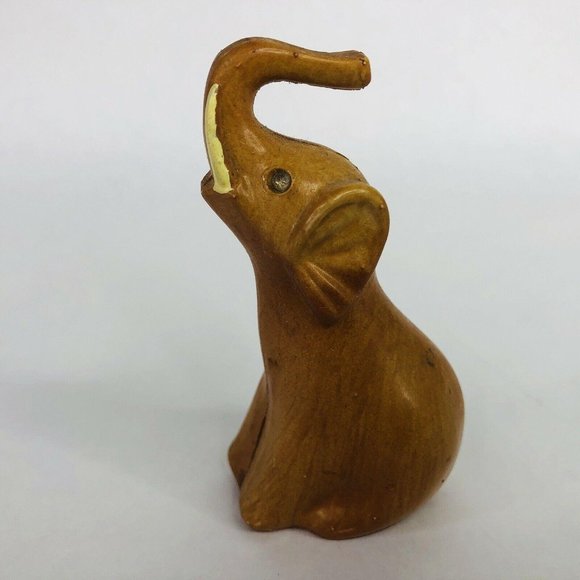 2 Elephant Figurines Wood Look Made Hong Kong Jewel Eyes Trunks Up Kitsch Decor - Picture 8 of 12